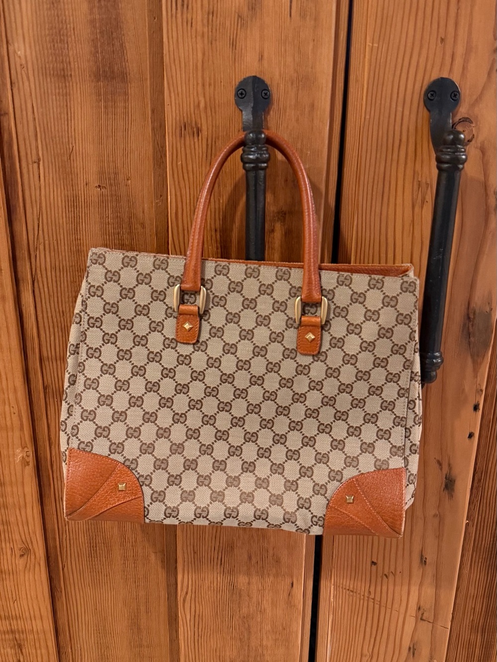 Gucci Brown GG Canvas Tote with Tan Leather Trim